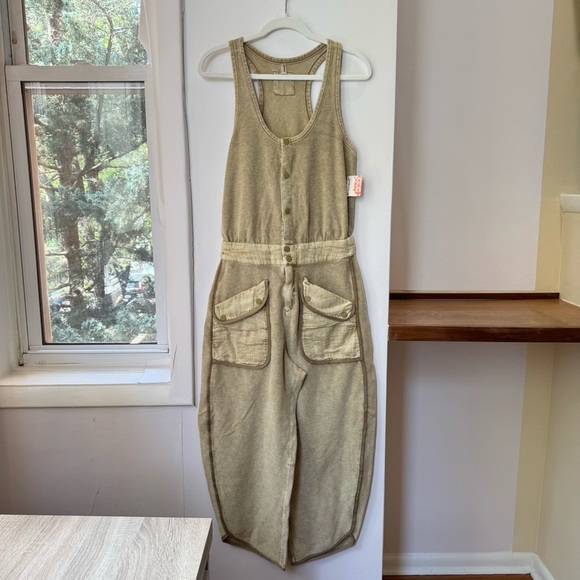 NWT Free People Timko Onesie One Piece Wide Leg Jumpsuit FP Movement Sweat Tan - Picture 3 of 10